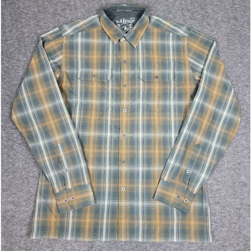 Kuhl Eluxur Shirt Men's Size M Gray Plaid Long Sleeve Button Up Outdoor Hiking